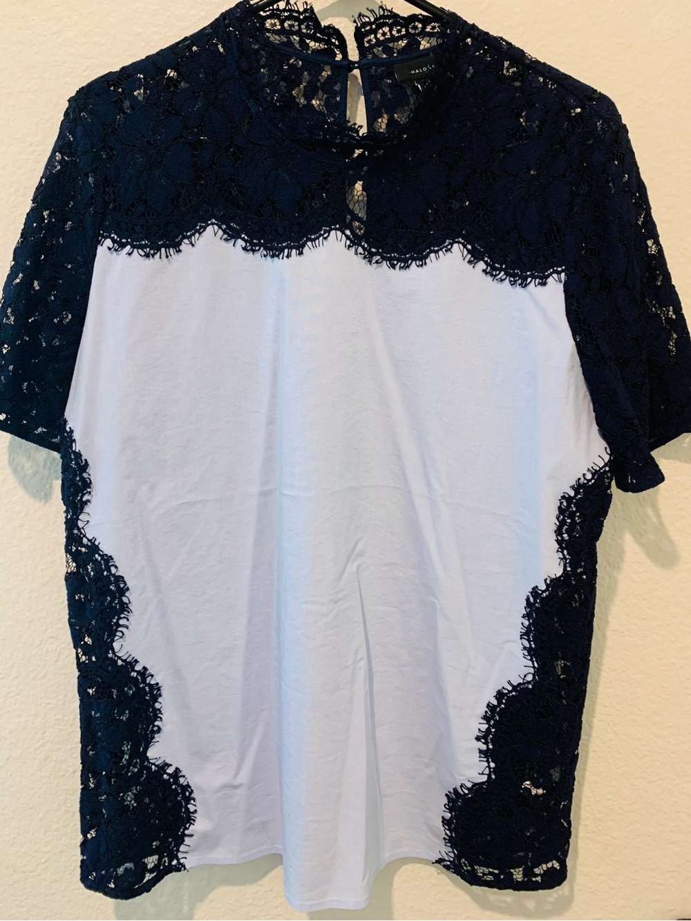 Halogen Lace-Trim Short Sleeve Top - Navy and White